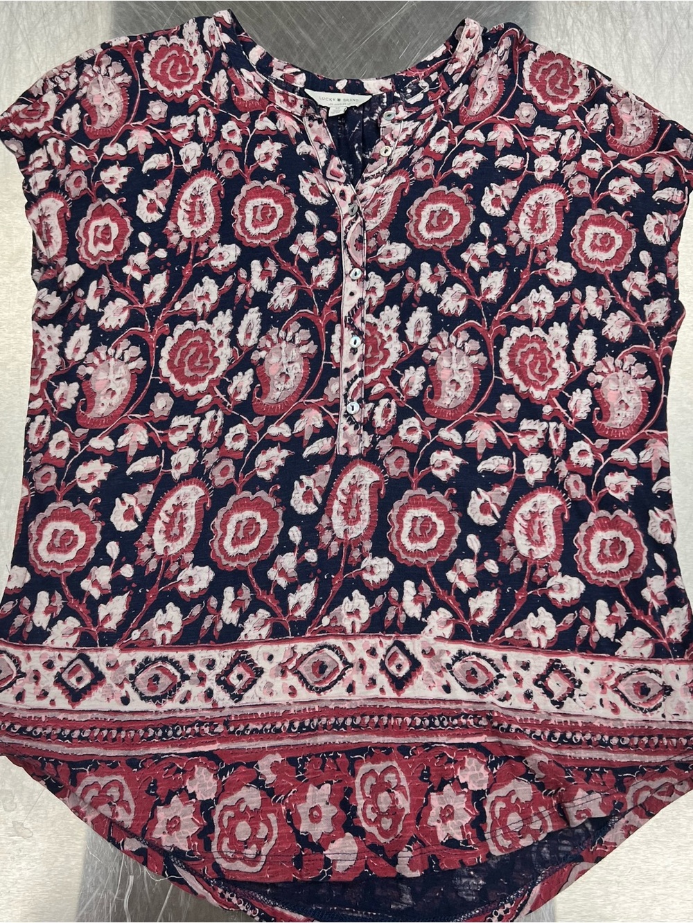 Lucky Brand Navy Floral Henley Top with Pink Accents